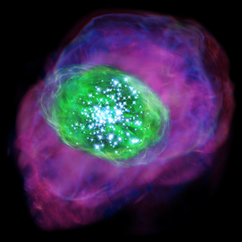 Artist's conception of the galaxy SXDF-NB1006-2, the subject of this study. Green represents the light that indicates the presence of ionized oxygen; purple shows ionized hydrogen. 