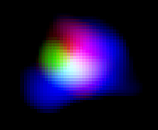 Color composite image of the galaxy SXDF-NB1006-2. The green portion is light from the ionized oxygen, taken by ALMA; the blue is ionized hydrogen detected by the Subaru telescope; the red is ultraviolet light detected by the UK Infrared Telescope (UKIRT).