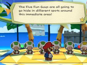 Critics noticed possible correlations between a new <em>Paper Mario</em> game and the controversial GamerGate hashtag, including this mention of "five guys"—a phrase that was used in a disparaging way before the hashtag caught on.