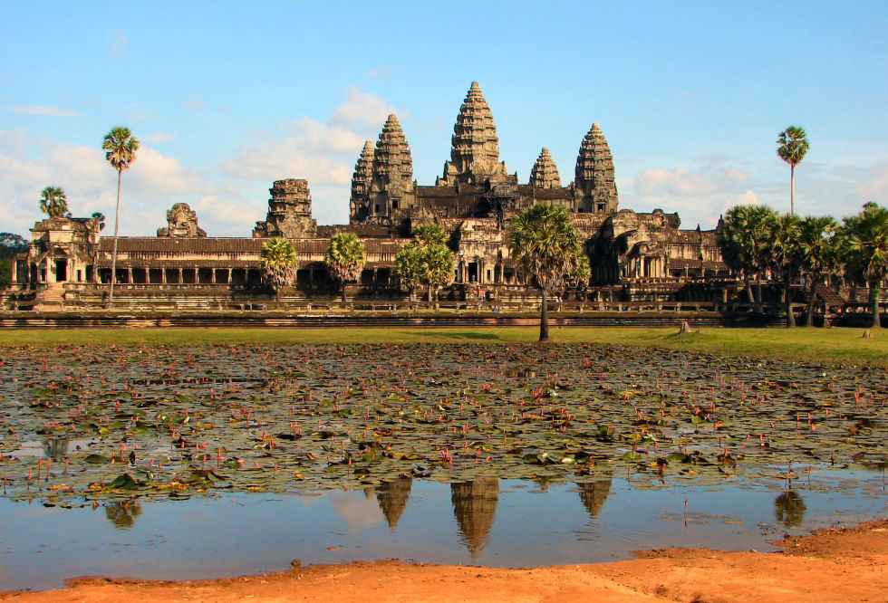 Angkor Wat today, as viewed across a pond next to the 12th-century Hindu temple to Vishnu built under the rule of Suryavarman II.