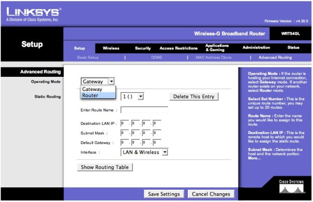 The WRT54GL's stock firmware settings interface.