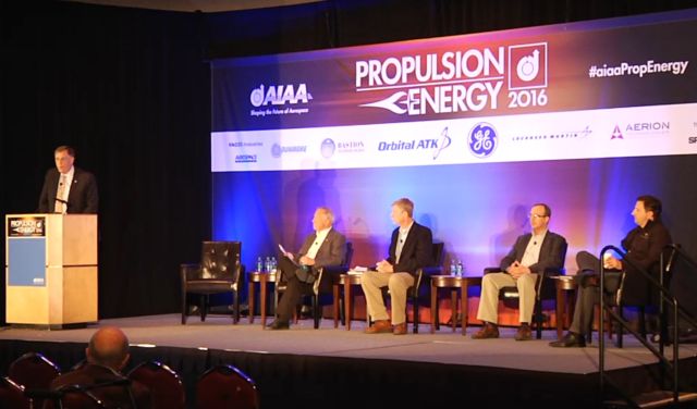 Screen grab of the reusable rocket panel discussion. From left: Dan Dumbacher, Gary Payton, Doug Bradley, Ben Goldberg, and Tom Markusic.