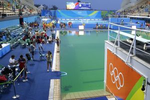 The Maria Lenk Aquatics Stadium in Rio de Janeiro on August 9, 2016. A diving event at the Rio 2016 Olympics (Women's Synchronized 10m Platform Final) is about to start.