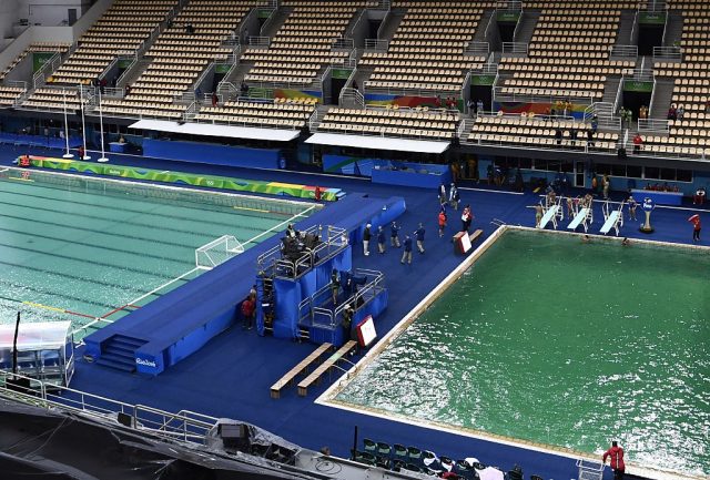 Rio diving pool—still green—now closed and smells like farts