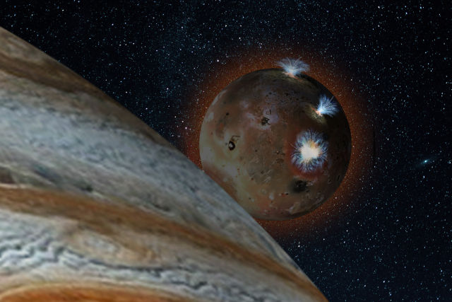 An artists' rendering of an eclipsed Io, lit by its own volcanic activity.
