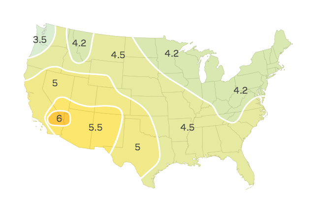 This map shows the average hours (measured across a calendar year) of daily direct sunlight across the Lower 48. Local weather patterns, of course, may vary.
