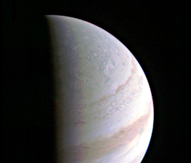 Jupiter's north polar region was 703,000km away on Saturday morning when Juno took this photo.