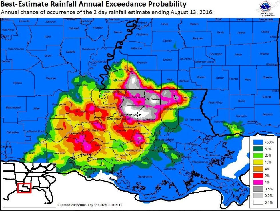 Annual probability of a two-day rainfall like the event ending August 13.  (National Weather Service)