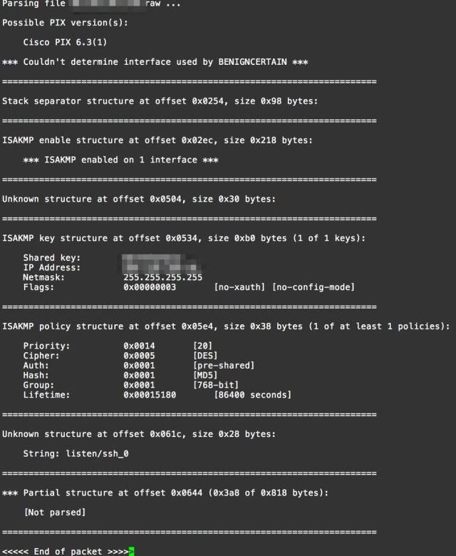 A screenshot of BenignCertain extracting a shared key from a Cisco PIX firewall.