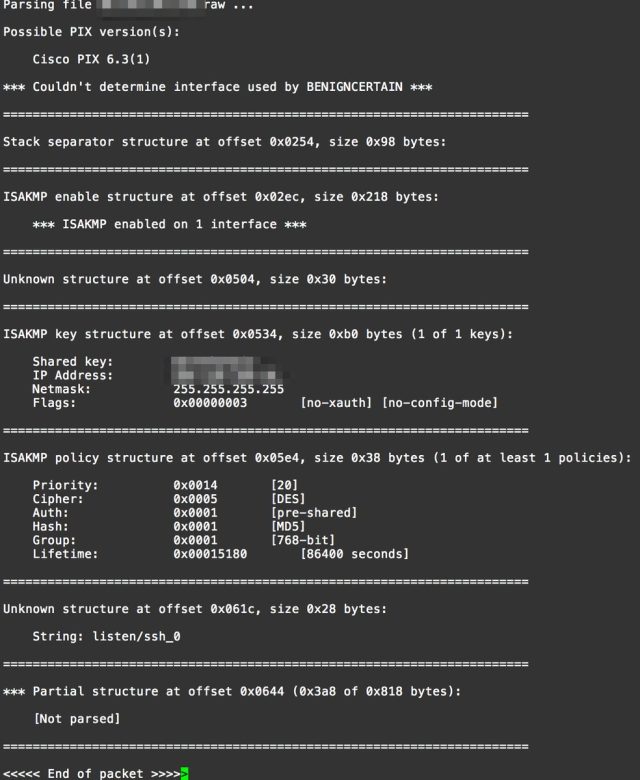 A screenshot of BenignCertain extracting a shared key from a Cisco PIX firewall.