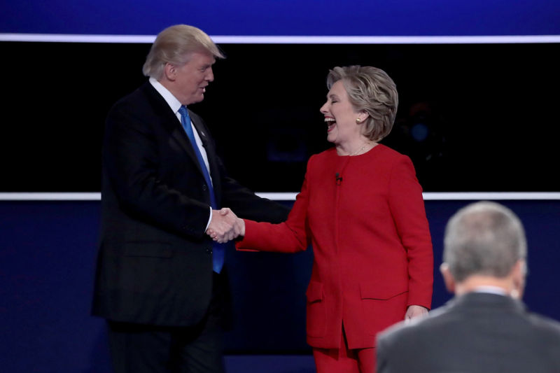 Republican presidential nominee Donald Trump and Democratic presidential nominee Hillary Clinton shook hands after the Monday debate.