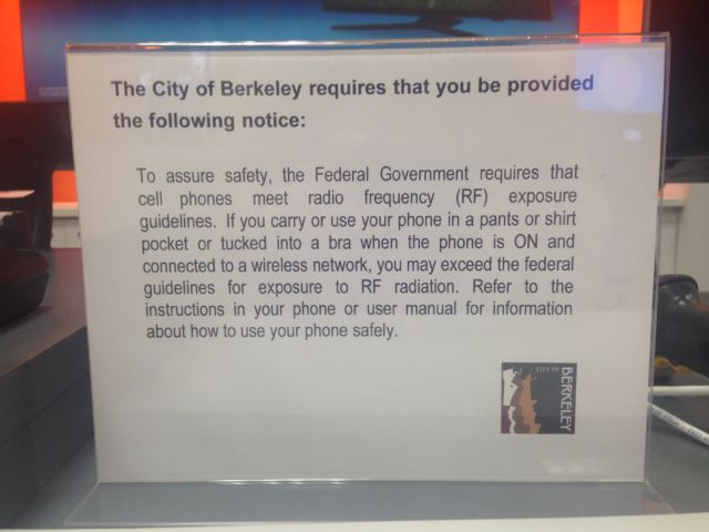 This photo showing the required warning was taken Monday at a cell phone store along Shattuck Avenue in downtown Berkeley.