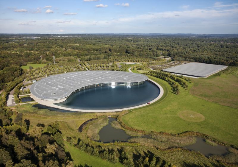 McLaren's HQ in Woking, England. That lake provides water used to cool the wind tunnel. The round building next to the lake is where the F1 team is based; the one to the right is the production center where the company builds road cars.