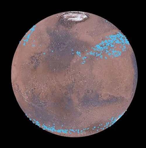 Blue marks the location of Mars' mid-latitude glaciers.