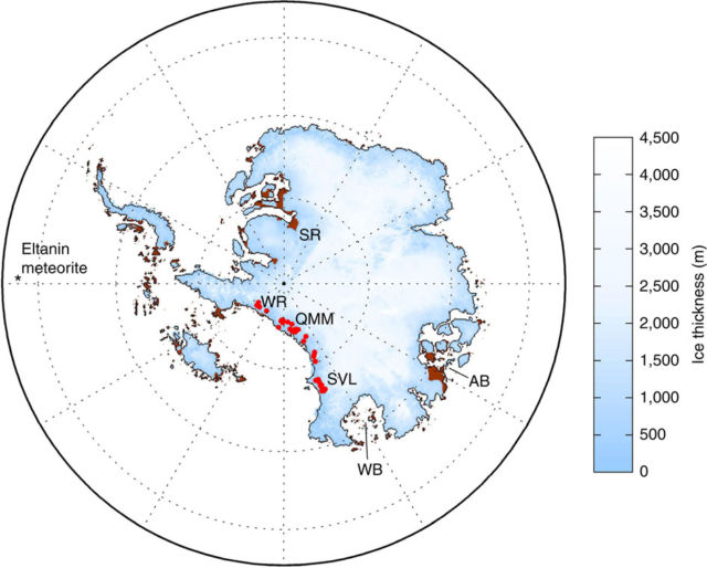 The outline of a simulated Antarctic ice sheet shrunk by Pliocene heat.  Brown areas above sea level have recovered several thousand years after the ice disappeared.  Bright red dots mark locations in the Transantarctic Mountains where marine diatom shells have been found.