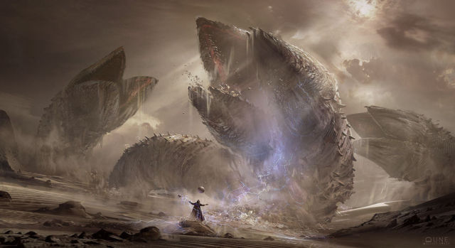 The sandworms show their magnificence to a puny human on Arrakis.