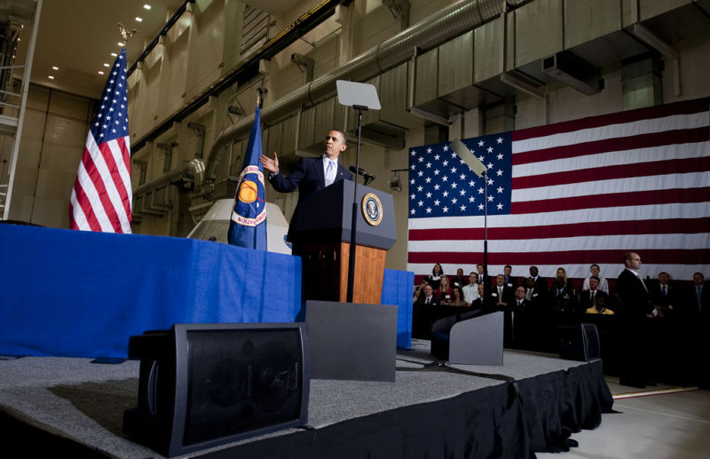 President Barack Obama delivers a speech at the Operations and Checkout Building at NASA Kennedy Space Center in Cape Canaveral, Florida on Thursday, April 15, 2010.