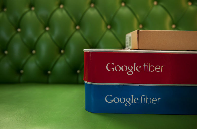 Boxes of equipment needed to install Google Fiber broadband network.