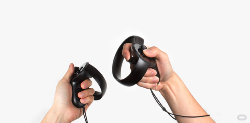 Oculus provided photos of the Oculus Touch controllers.  The bit that presses into your palm keeps it balanced even when you open your hands.
