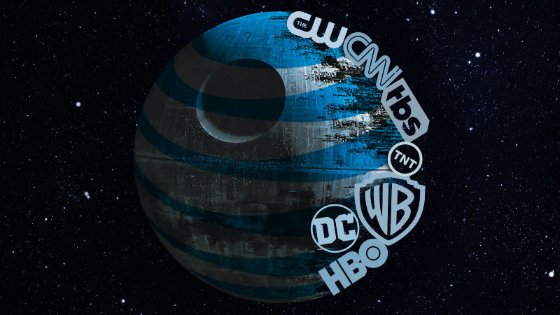 A Star Wars Death Star combat station with the AT & T logo and the names of Time Warner properties.