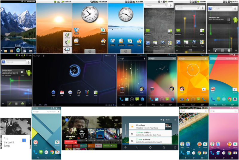 Android's home screen over the years, from all sorts of different form factors.