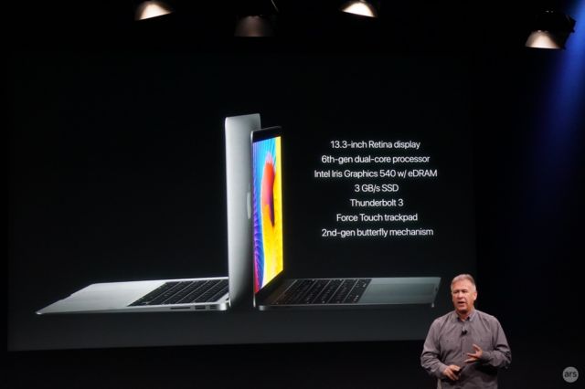 Apple Senior VP Phil Schiller comparing the MacBook Air to the new lower-end MacBook Pro.