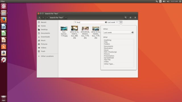 Searching for files using GNOME 3.20's new file search filtering tool.