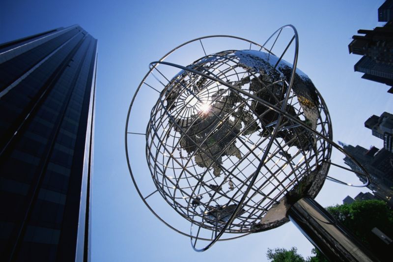 This is the Globe Sculpture at the Trump International Hotel and Tower, located on 59th Street and Columbus Circle in New York City.