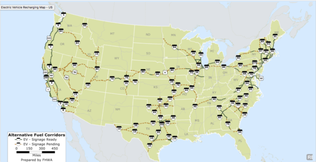 A map of the <a href="http://www.fhwa.dot.gov/environment/alternative_fuel_corridors/">Federal Highway Administration's</a> EV charging corridors.