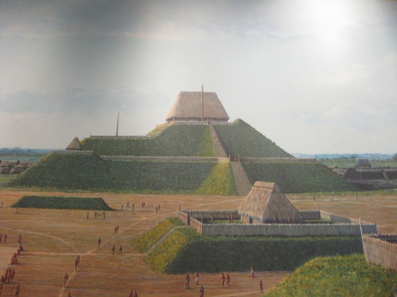 Artist's recreation of downtown Cahokia, with Monk's Mound at its center.
