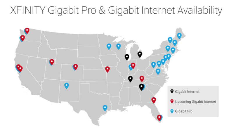 Comcast's gigabit plans. "Gigabit Pro" is a 2Gbps symmetrical fiber-to-the-home service, while "Gigabit Internet" offers 1Gbps downloads and slower uploads over existing cable.
