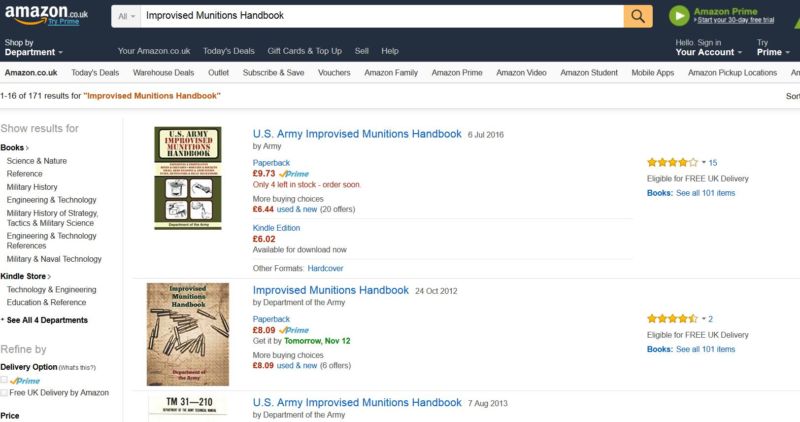 WHSmith, Amazon, Waterstones found selling banned bomb manuals online