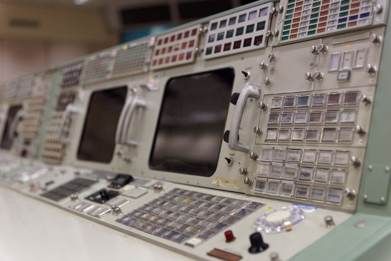 Detail shot of the CONTROL console, which watched over the hardware portions of the Apollo Lunar Module's guidance systems.