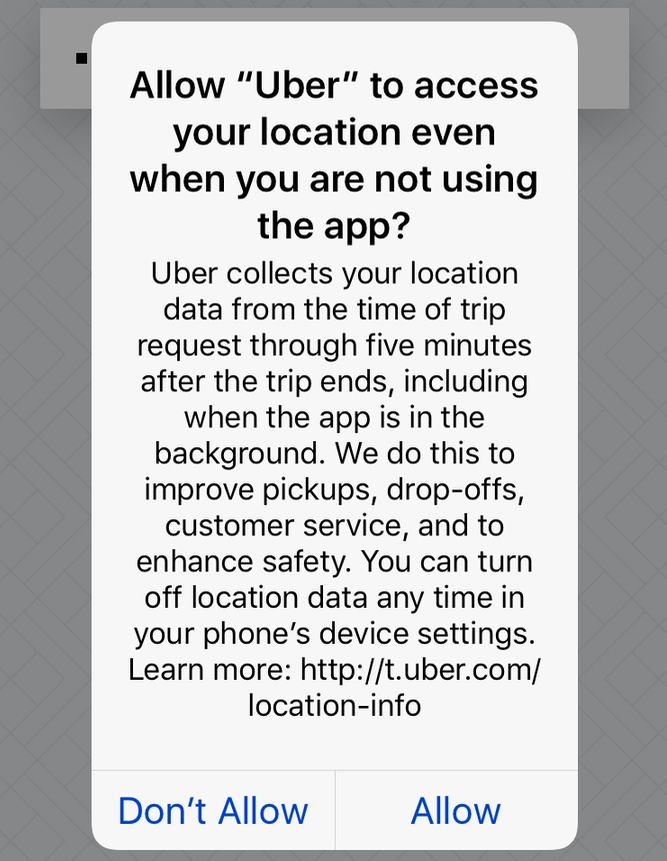 Uber's iOS popup asking for new surveillance permissions.