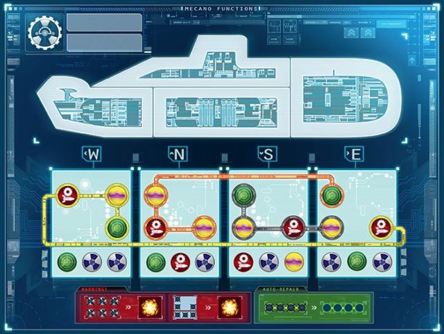 The engineering map. On each move, one of the symbols on the lower half of the board must be crossed out, disabling that ship system.