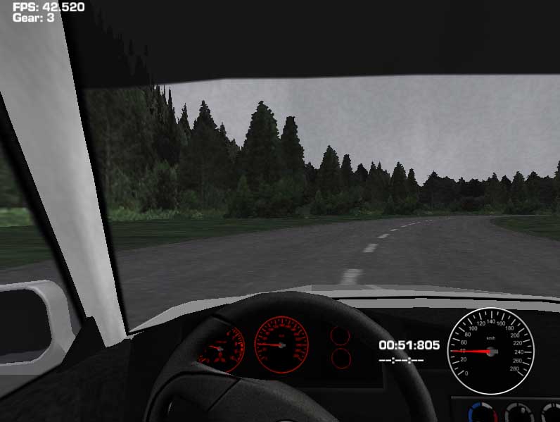 A screenshot of Racer, the driving simulation software used for the job.