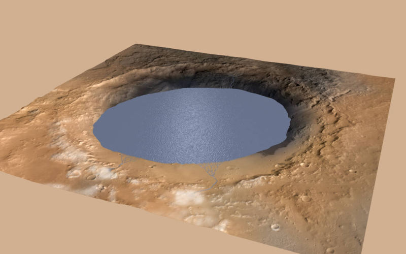 A simulated view of Gale Crater Lake, measuring about 150km across, on Mars about 3 billion years ago.