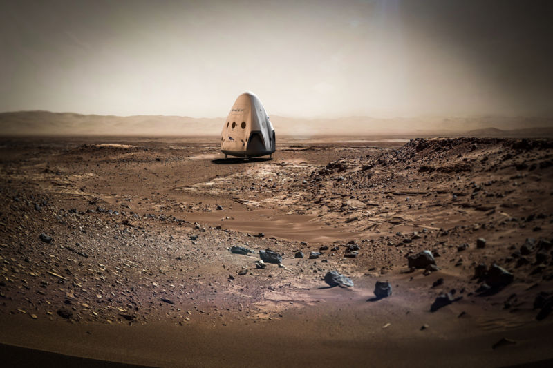 A SpaceX concept image for a Red Dragon on Mars. 