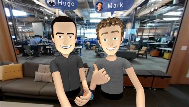 Hugo Barra and Mark Zuckerberg celebrate Barra's hiring in an early (unnamed and unreleased) Facebook social VR app. 