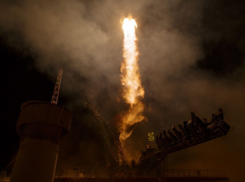 The Soyuz MS-03 spacecraft launches from the Baikonur Cosmodrome with NASA astronaut Peggy Whitson, Russian cosmonaut Oleg Novitskiy of Roscosmos, and ESA astronaut Thomas Pesquet on board in November.