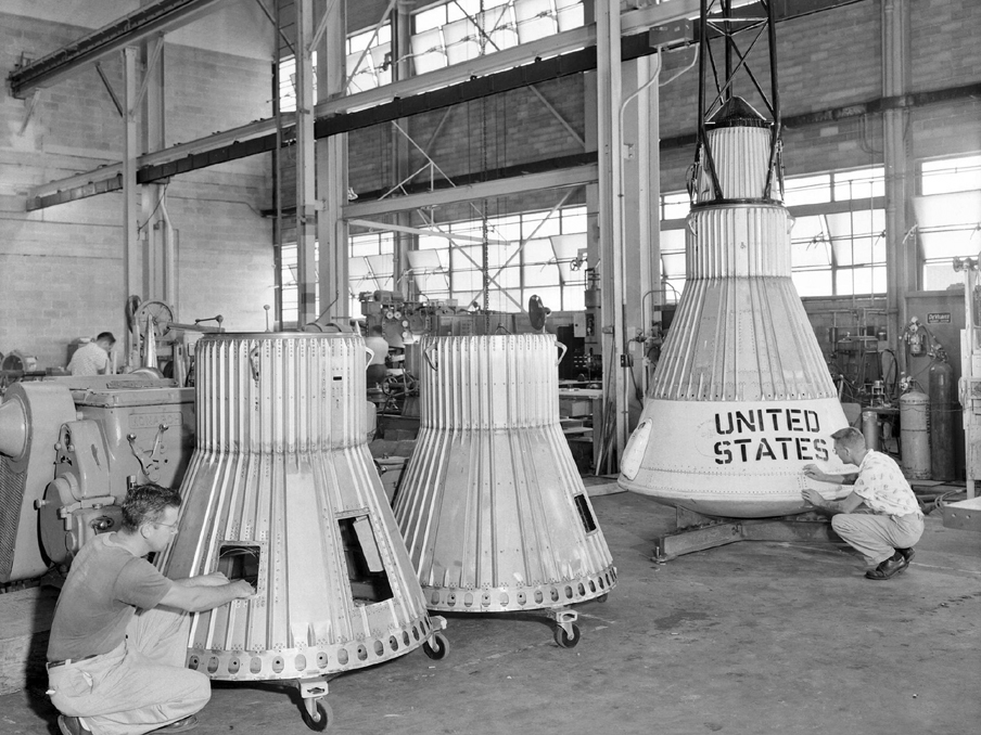 Langley Research Center technicians construct boilerplate Mercury capsules for Little Joe launches in-house in Langley's shops.