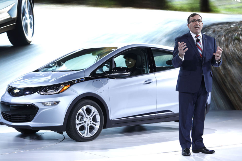 Alan Batey, General Motors president of North America, on stage with the Chevrolet Bolt at NAIAS.
