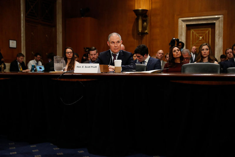 WASHINGTON, DC - JANUARY 18: Oklahoma Attorney General Scott Pruitt, President-elect Donald Trump's choice to head the Environmental Protection Agency, testifies during his confirmation hearing before the Senate Committee on Environment and Public Works on Capitol Hill January 18, 2017 in Washington, DC. Pruitt is expected to face tough questioning about his stance on climate change and ties to the oil and gas industry. (Photo by Aaron P. Bernstein/Getty Images)
