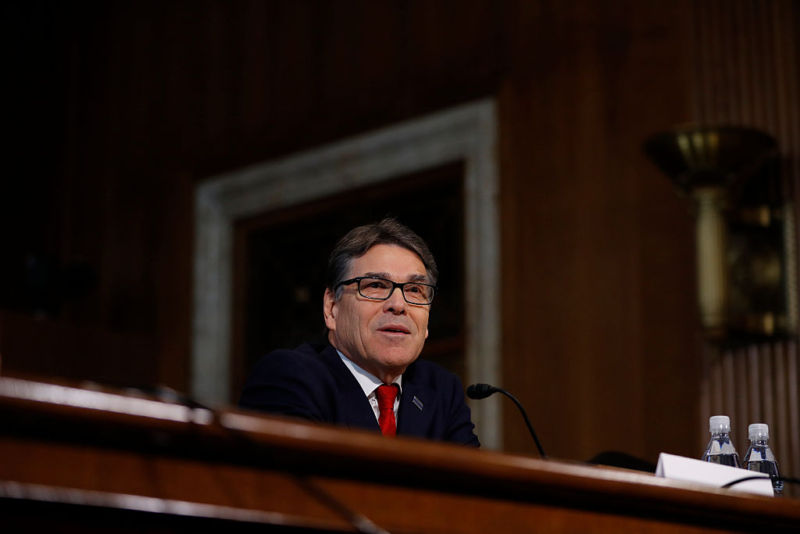 WASHINGTON, DC - JANUARY 19: Former Texas Governor Rick Perry, President-elect Donald Trump's choice as Secretary of Energy, testifies during his confirmation hearing before the Senate Committee on Energy and Natural Resources on Capitol Hill January 19, 2017 in Washington, DC.  (Photo by Aaron P. Bernstein/Getty Images)