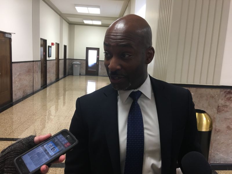 Alameda County Public Defender Brendon D. Woods spoke with reporters outside the courtroom, following the Tuesday hearing.