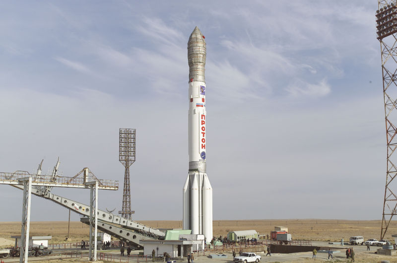 A Proton rocket on the launch pad.