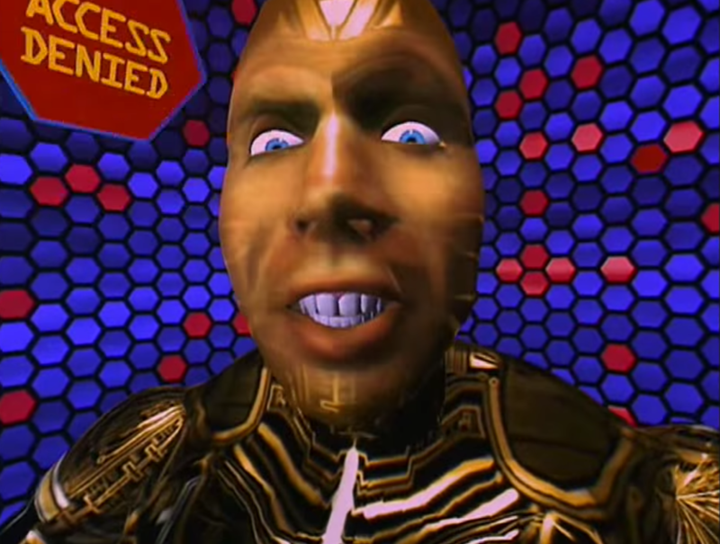 The Lawnmower Man main character depicted as a cartoonish 3D vector graphic on a background of blue hexagons with a few red, with a nearby large hexagon stating ACCESS DENIED