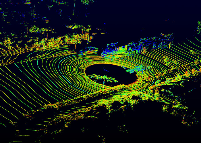 Lidar output. Each ring is created by a separate spinning laser inside the housing. This image has 64 total laser "channels," while Google should be carrying 32.