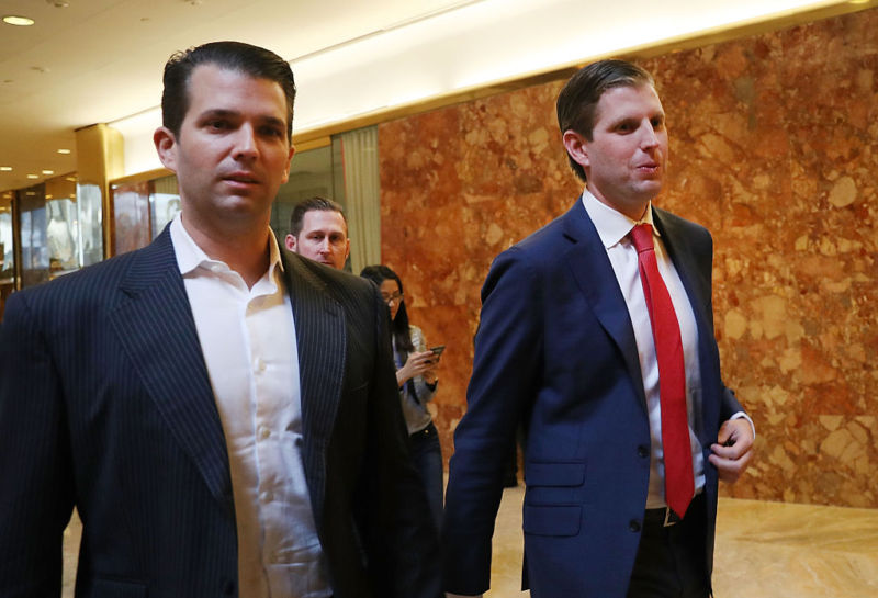 Donald Trump's sons, Donald Trump Jr. (L) and Eric Trump, walk in Trump Tower on November 14, 2016 in New York City. They will be in charge of the Trump Organization's myriad businesses while Donald Trump is president.