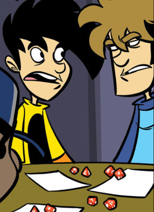 The cartoon versions of PAX co-founders Mike Krahulik and Jerry Holkins argue over D&amp;D.